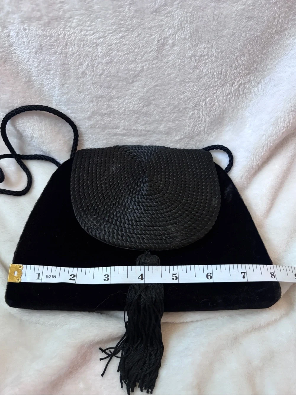Vintage Black Velvet & Woven Tassel Crossbody Evening Bag Boho Purse